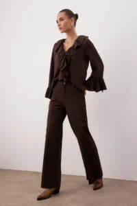 TRENDYOLMİLLA Brown High Waist Rib Detailed Hem Cutout comfort/Flexible Wide Leg jeans - Image 2