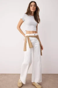 TRENDYOLMİLLA White High Waist Rib Detailed Hem Cutout comfort/Flexible Wide Leg jeans
