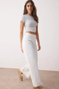 TRENDYOLMİLLA White High Waist Rib Detailed Hem Cutout comfort/Flexible Wide Leg jeans - Image 2