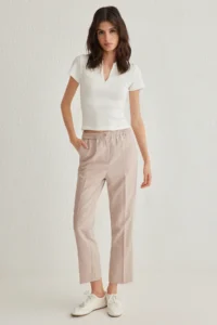 TRENDYOLMİLLA Beige Arka Elastic Waist Striped Straight/Plain Kesim Weaving Pants - Image 2