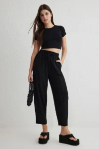 TRENDYOLMİLLA Black Elastic Waist Harem/Salwar Relaxed Cut Weaving Pants