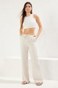 TRENDYOLMİLLA Beige linen blended Thin Rahat Material Elastic Waist Wide Leg Weaving Pants