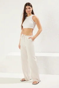 TRENDYOLMİLLA Beige linen blended Thin Rahat Material Elastic Waist Wide Leg Weaving Pants - Image 2