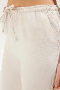 TRENDYOLMİLLA Beige linen blended Thin Rahat Material Elastic Waist Wide Leg Weaving Pants - Image 3