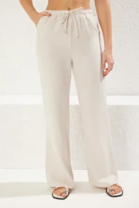 TRENDYOLMİLLA Beige linen blended Thin Rahat Material Elastic Waist Wide Leg Weaving Pants - Image 4