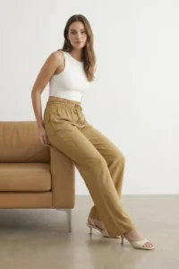 TRENDYOLMİLLA Camel Jacquard Elastic Waist Wide Leg/Wide Leg Weaving Pants