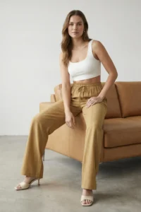 TRENDYOLMİLLA Camel Jacquard Elastic Waist Wide Leg/Wide Leg Weaving Pants - Image 2