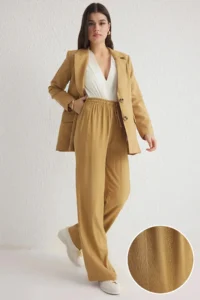 TRENDYOLMİLLA Camel Jacquard Elastic Waist Wide Leg/Wide Leg Weaving Pants - Image 3