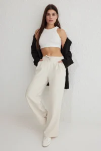 TRENDYOLMİLLA White Laced Low Waist Wide Leg/Wide Leg Weaving Pants