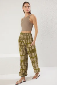 TRENDYOLMİLLA Khaki Ethnic Patterned Legs Elastic Shalwar Form Weaving Pants - Image 3