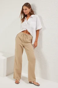 TRENDYOLMİLLA Mink Muslin Elastic Waist Thin Material Wide Leg/Wide Leg Weaving Pants - Image 2