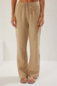 TRENDYOLMİLLA Mink Muslin Elastic Waist Thin Material Wide Leg/Wide Leg Weaving Pants - Image 3