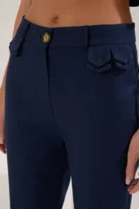 TRENDYOLMİLLA Navy Blue Faux Pocket Flap Cotton Bootcut Pants - Image 3