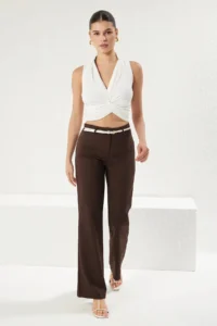 TRENDYOLMİLLA Dark Brown Low Waist Hafif Flare Weaving Pants