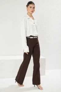 TRENDYOLMİLLA Dark Brown Low Waist Hafif Flare Weaving Pants - Image 2