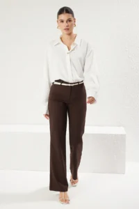 TRENDYOLMİLLA Dark Brown Low Waist Hafif Flare Weaving Pants - Image 3