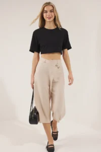 TRENDYOLMİLLA Beige linen look culotte Pants - Image 2