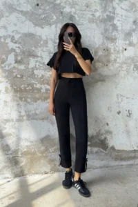 TRENDYOLMİLLA Black Cigarette Cuffs Bow Detailed Weaving Pants