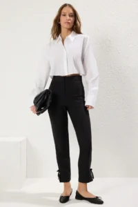 TRENDYOLMİLLA Black Cigarette Cuffs Bow Detailed Weaving Pants - Image 2