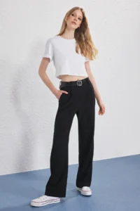TRENDYOLMİLLA Black Arched Wide Leg/Wide Leg Weaving Pants - Image 2