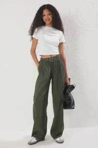 TRENDYOLMİLLA Khaki Soft Touch Arched Wide Leg/Wide Leg Pants
