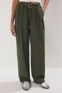TRENDYOLMİLLA Khaki Soft Touch Arched Wide Leg/Wide Leg Pants - Image 3