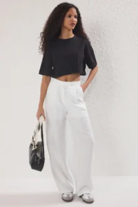 TRENDYOLMİLLA White textured Wide Leg/Wide Leg Thin Material Lined Pants