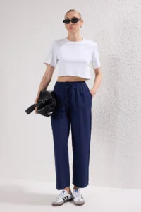 TRENDYOLMİLLA Navy Blue Mat textured Elastic Waist Pants