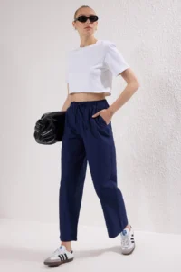 TRENDYOLMİLLA Navy Blue Mat textured Elastic Waist Pants - Image 2
