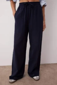 TRENDYOLMİLLA Navy Blue  linen look Wide Leg/Wide Leg Shorts Lined Elastic Waist Pants - Image 4