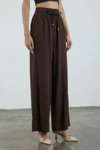 TRENDYOLMİLLA Dark Brown Elastic Waist Wide Leg/Wide Leg Viscose Pants - Image 2