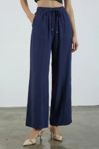 TRENDYOLMİLLA Navy Blue Elastic Waist Wide Leg/Wide Leg Viscose Pants