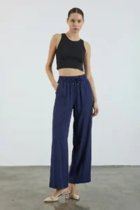 TRENDYOLMİLLA Navy Blue Elastic Waist Wide Leg/Wide Leg Viscose Pants - Image 2