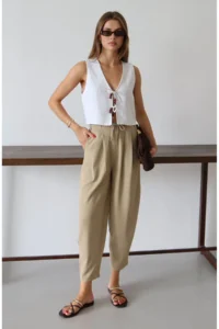 TRENDYOLMİLLA Light Khaki Shalwar/Harem Laced Pants - Image 3