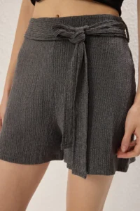 TRENDYOLMiLLA Anthracite Crepe Belted Short Flexible Knitting Shorts & Bermuda - Image 3