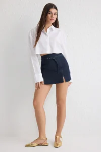 TRENDYOLMiLLA Navy Blue Arched Slit Detailed High Waist comfort/Flexible denim Shorts Skirt - Image 2