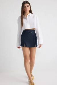 TRENDYOLMiLLA Navy Blue Arched Slit Detailed High Waist comfort/Flexible denim Shorts Skirt - Image 3