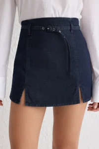 TRENDYOLMiLLA Navy Blue Arched Slit Detailed High Waist comfort/Flexible denim Shorts Skirt - Image 4