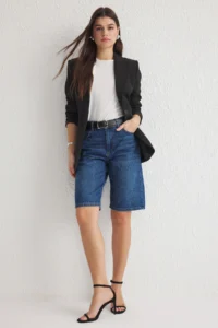 TRENDYOLMİLLA Dark Blue High Waist denim Bermuda