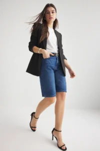 TRENDYOLMİLLA Dark Blue High Waist denim Bermuda - Image 2