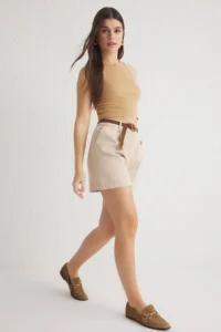 TRENDYOLMiLLA Beige Arched Cotton Diz Size City Weaving Shorts & Bermuda - Image 2