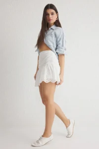 TRENDYOLMiLLA White Mini embroidery Cotton Weaving Skirt Look Shorts - Image 2