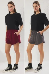 TRENDYOLMiLLA Anthracite-Burgundy 2 Sets Paket relaxed/Rahat Pattern Short Flexible Knitting Shorts & Bermuda