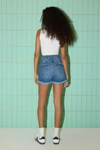 TRENDYOLMiLLA Dark Blue High Waist Hem folded Mini denim Shorts - Image 4