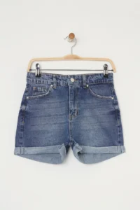 TRENDYOLMiLLA Dark Blue High Waist Hem folded Mini denim Shorts - Image 5