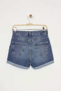 TRENDYOLMiLLA Dark Blue High Waist Hem folded Mini denim Shorts - Image 6
