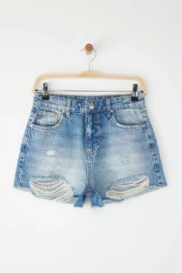 TRENDYOLMiLLA Light Blue High Waist Split Detailed Mini Denim Shorts - Image 2