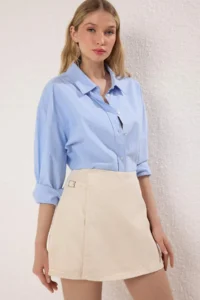 TRENDYOLMiLLA Ecru Accessory Detailed High Waist denim Shorts Skirt - Image 10