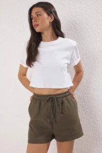 TRENDYOLMiLLA Khaki 100% Cotton Gabardine City Size Laced Shorts & Bermuda - Image 5