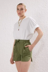 TRENDYOLMiLLA Light Khaki linen look Belted Shorts & Bermuda - Image 5